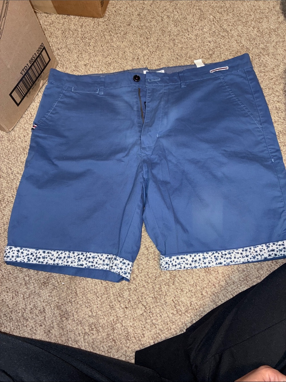 Denim & Flower Navy Blue Flat Front Shorts with Floral Cuff